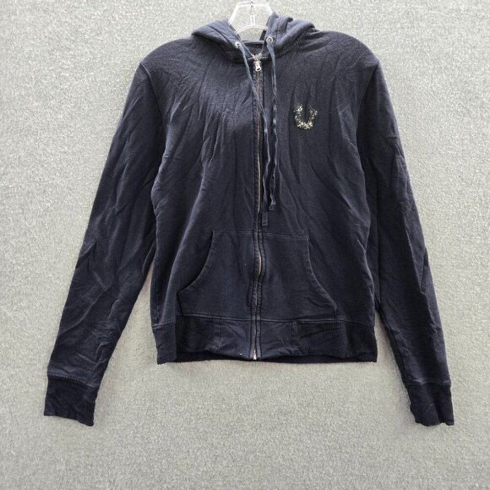True Religion Women Sweatshirts L Blue Hoodie Logo Sequins Wool Blend Y2K READ